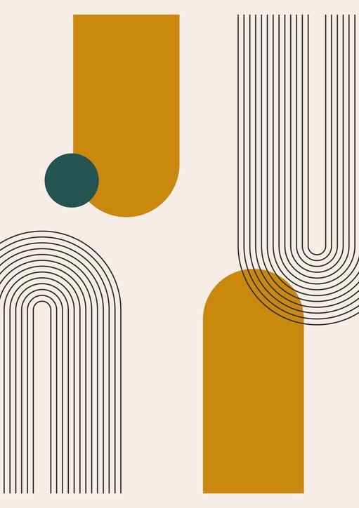 Abstract Geometric Composition with Gold Shapes and Line Patterns