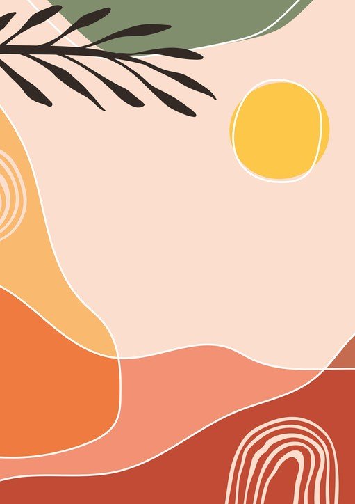 Minimalist Abstract Landscape with Sun and Botanical Elements