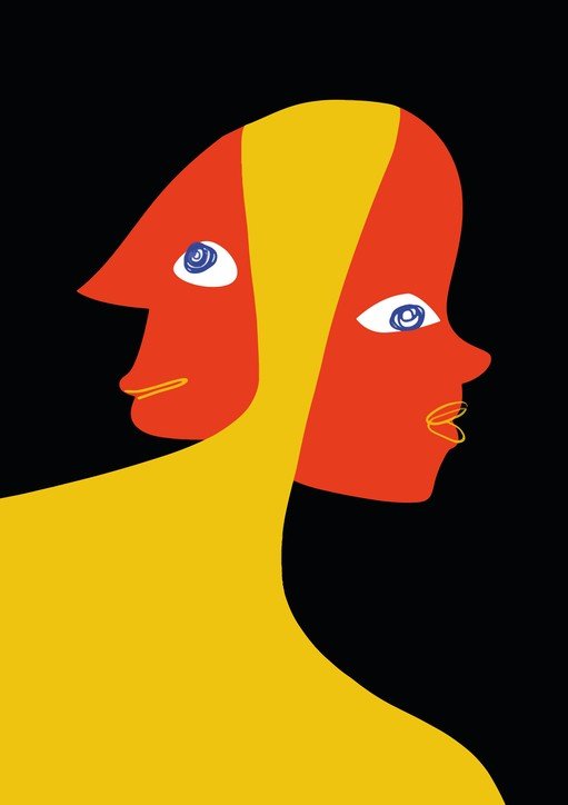 Modern Abstract Portrait Red and Yellow Profile