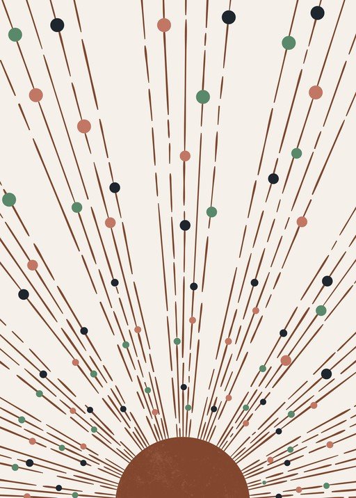 Abstract Sunburst with Geometric Lines and Colored Spheres