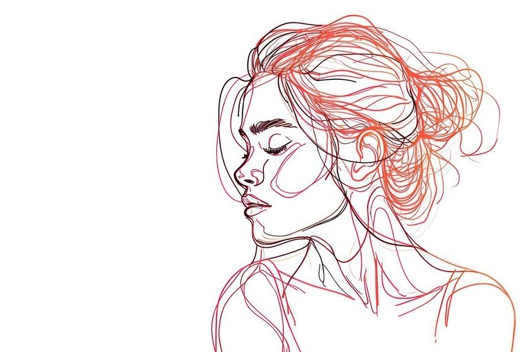 Line Art Portrait of Woman with Flowing Hair