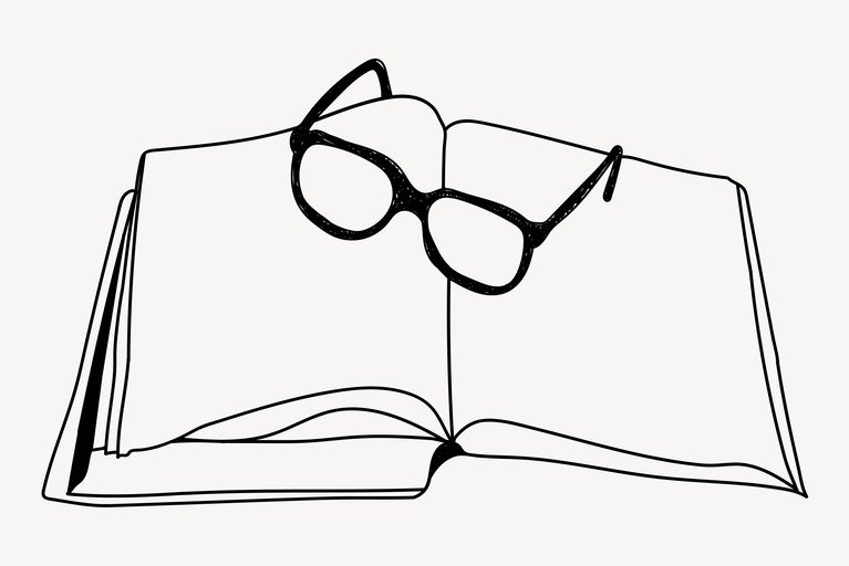 Open Book with Reading Glasses Line Drawing