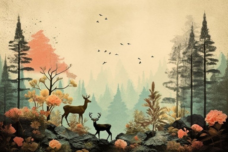 Deer in Misty Forest Landscape with Autumn Trees