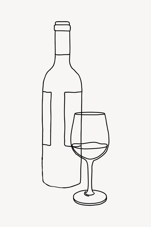 Wine Bottle and Glass Line Drawing Illustration