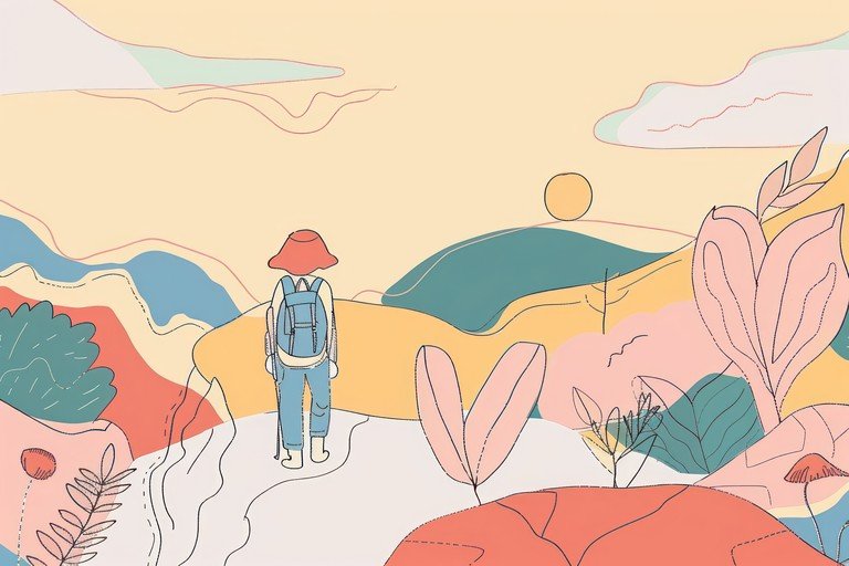 Minimalist Landscape Illustration with Hiking Traveler