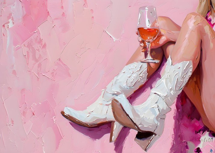 Woman in White Boots Holding Rose Wine Glass