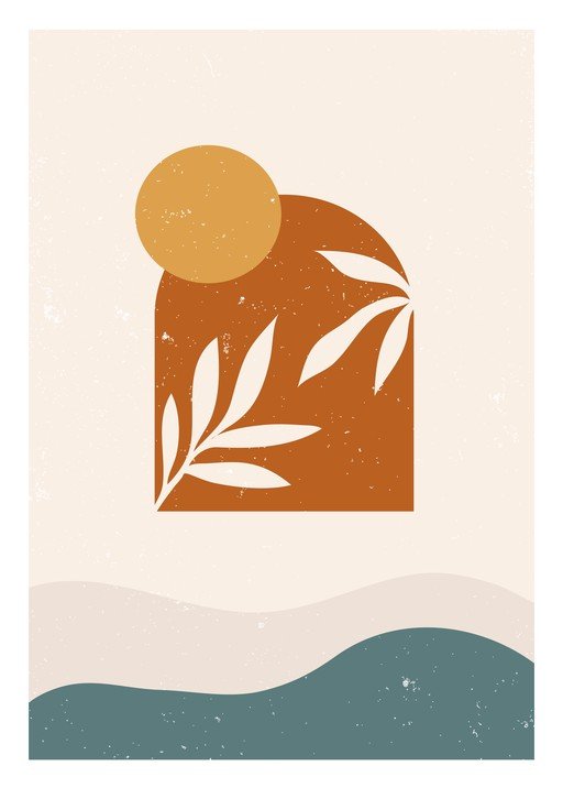 Minimalist Abstract Landscape with Sun and Botanical Elements