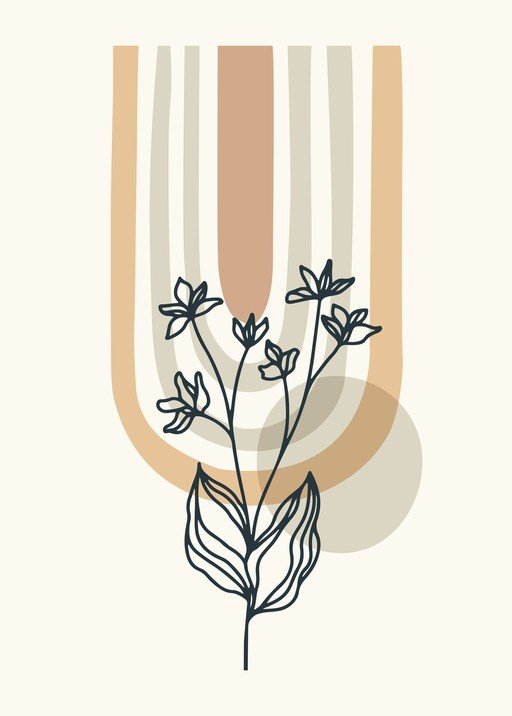 Minimalist Botanical Line Drawing with Geometric Shapes