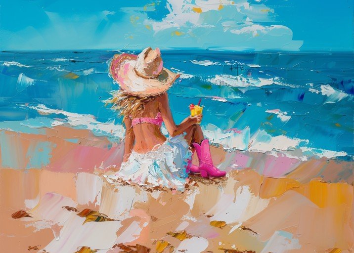 Woman in Pink Hat Enjoying Beach Day with Cocktail
