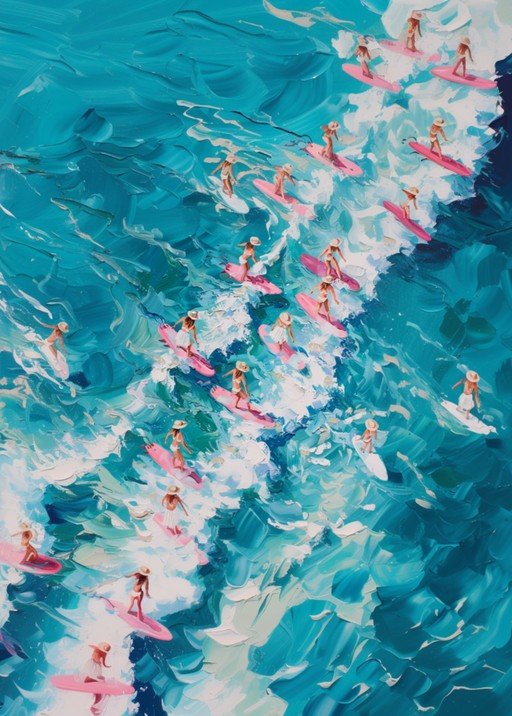 Aerial Surfing Formation with Pink Boards in Ocean Waves