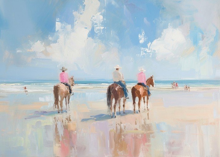 Horseback Riders on Sandy Beach at Sunrise