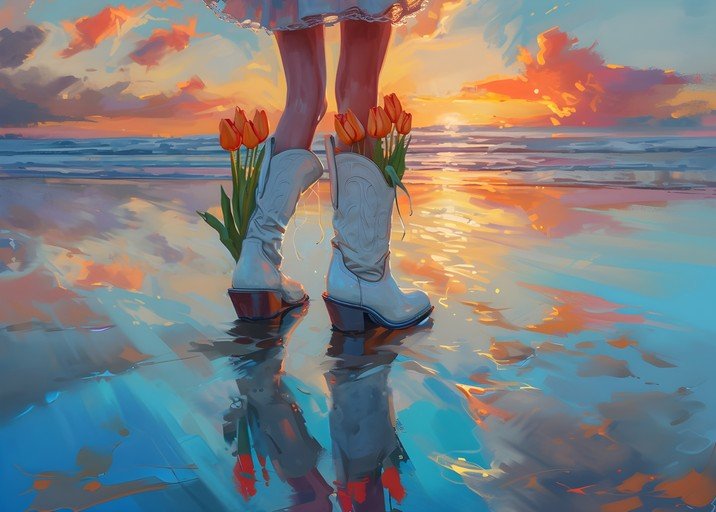 Woman with Red Tulips Standing on Sunset Beach