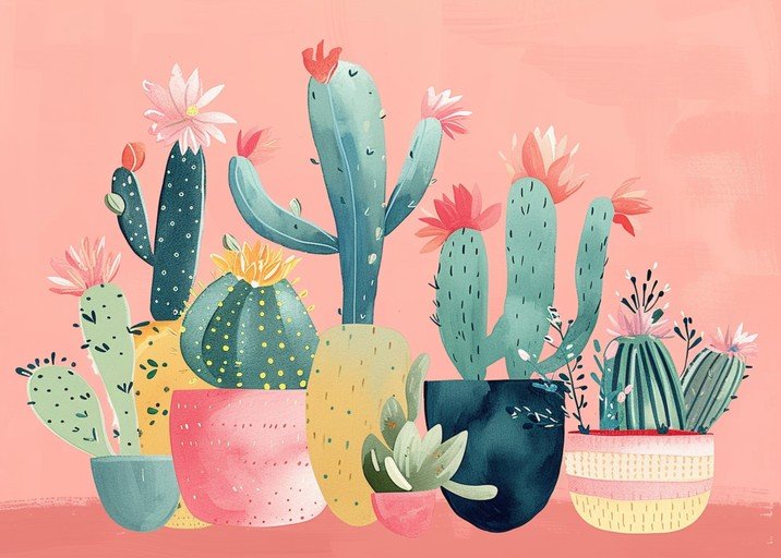 Colorful Cacti Garden Illustration with Blooming Desert Plants