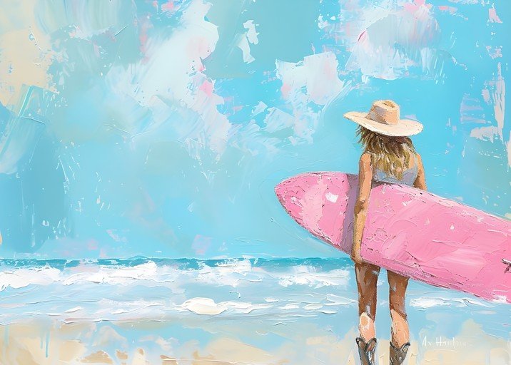 Surfer Girl with Pink Board on Beach