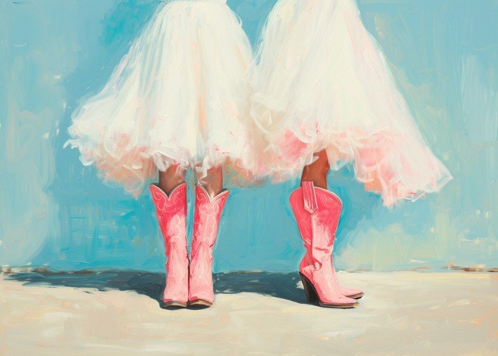 Woman in Pink Cowboy Boots and White Tulle Skirt Art