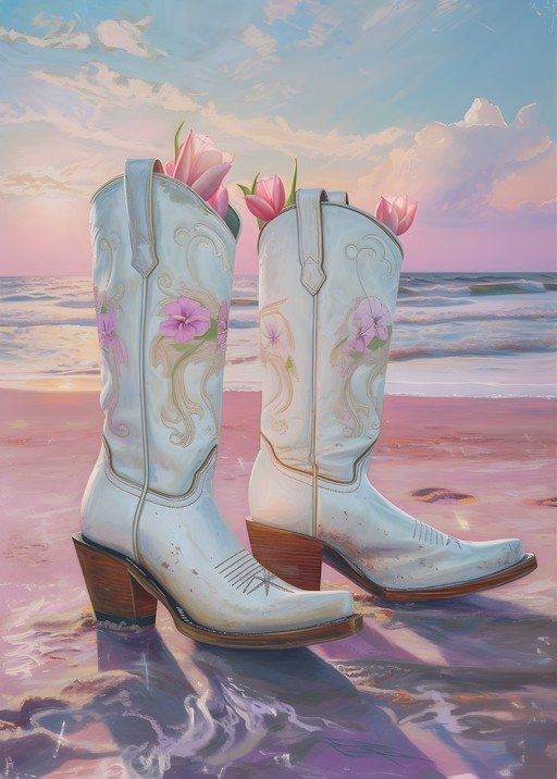 White Cowboy Boots with Pink Flowers on Beach at Sunset