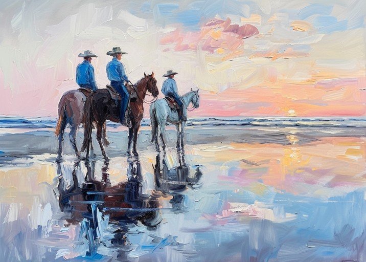 Cowboys on Horseback at Sunset Beach - Oil Painting