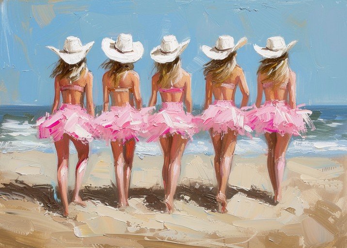 Five Women in Pink Tutus and Cowboy Hats on Beach