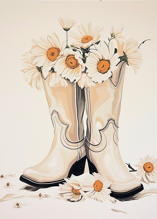Daisies in Cream Cowboy Boots Illustration