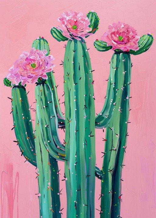 Blooming Cactus with Pink Flowers on Pastel Background