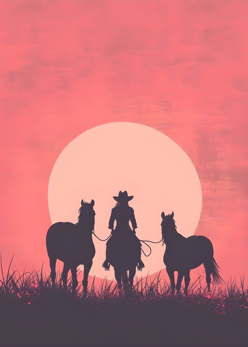 Cowboy with Horses Silhouette at Sunset