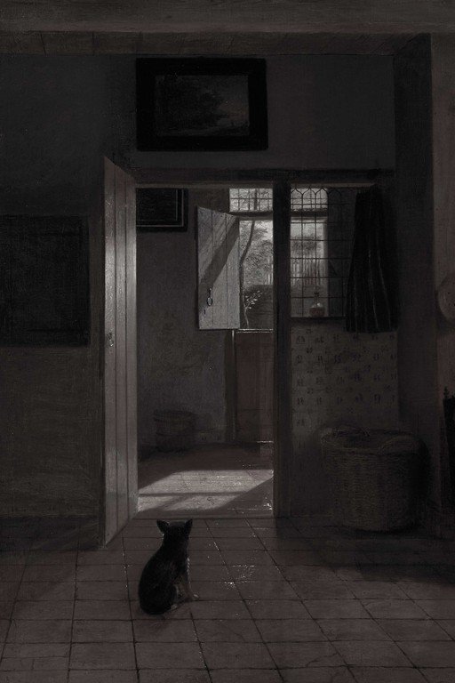 Solitary Black Cat in Abandoned Interior with Sunlight