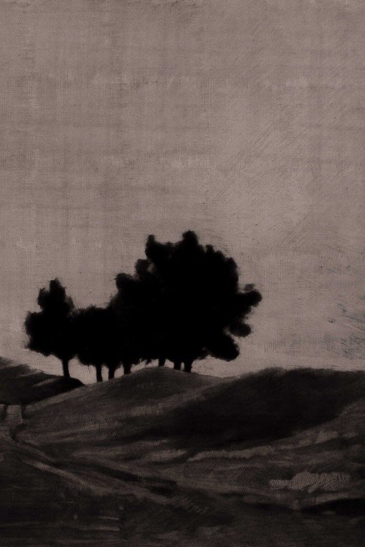 Silhouetted Trees on Rolling Hills at Dusk