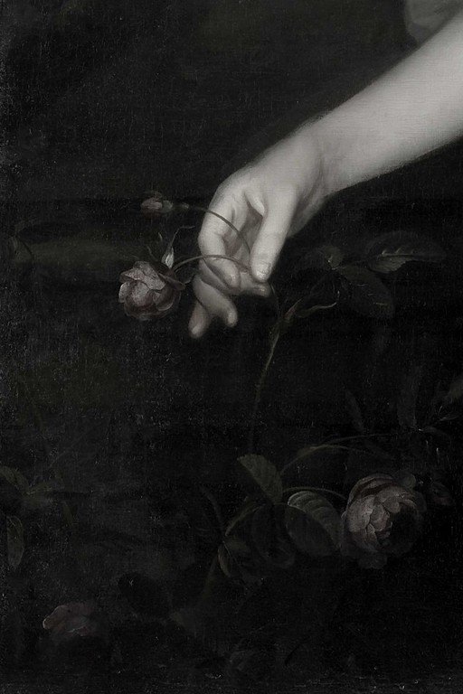 Pale Hand Touching Wilted Roses in Darkness