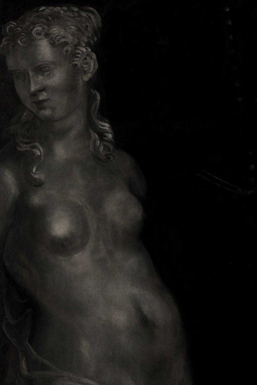 Classical Stone Sculpture Portrait Against Black Background