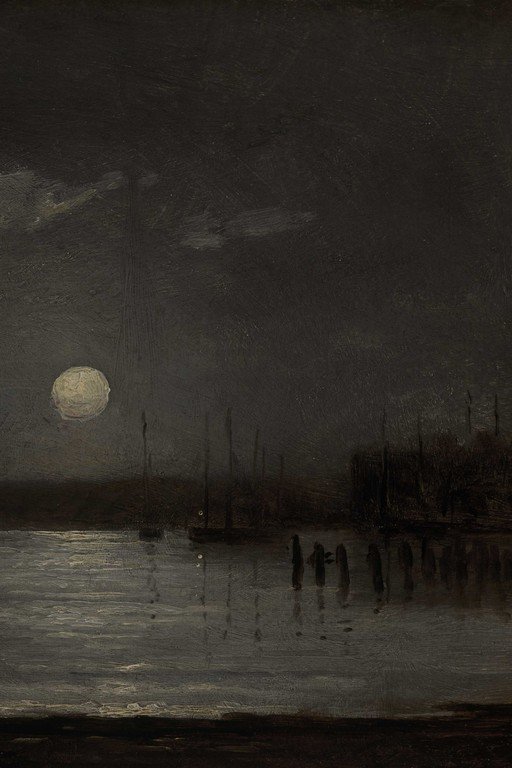 Moonlit Harbor with Wooden Pilings at Dusk