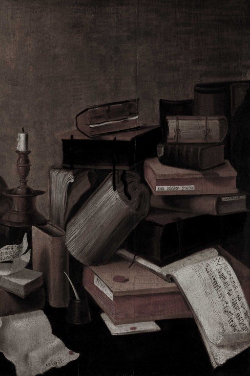 Still Life with Vintage Books, Candlestick, and Antique Objects