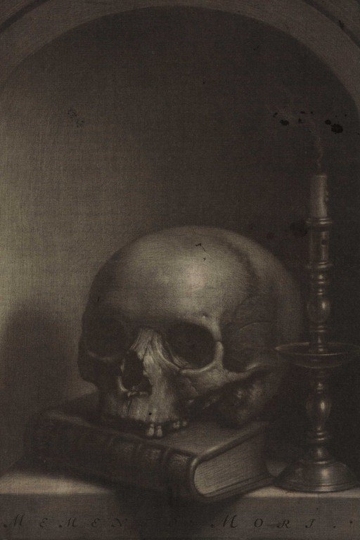 Memento Mori: Skull with Candlestick and Book Still Life