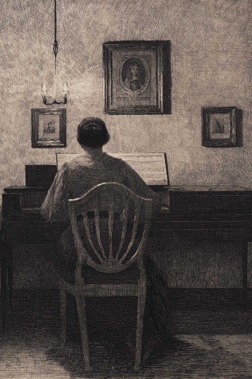 Figure Seated at Desk Contemplating Wall Art