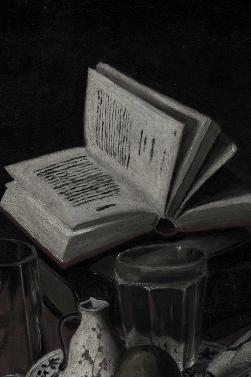Vintage Still Life with Open Book and Glass Vessels