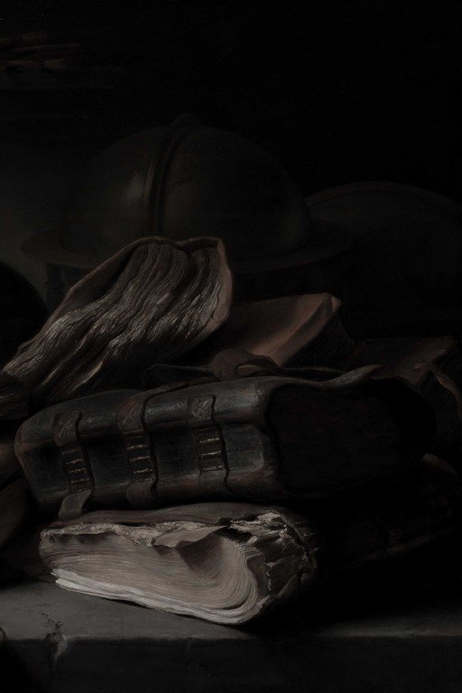 Winged Angel Statue with Antique Books and Scrolls