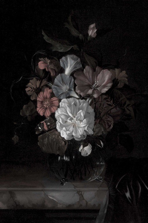 Dark Floral Still Life with Roses in Glass Vase
