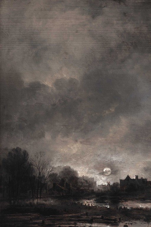 Moonlit River Landscape with Stormy Sky