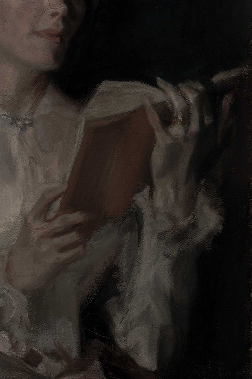 Woman in White Robe Holding Brown Book Portrait