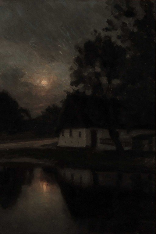 Moonlit Cottage by Water Under Stormy Sky