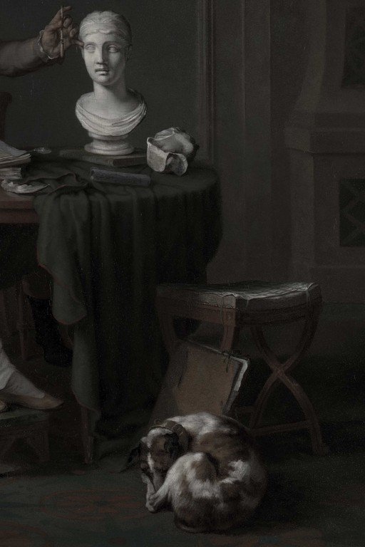 Classical Still Life with Bust, Dog, and Draped Table