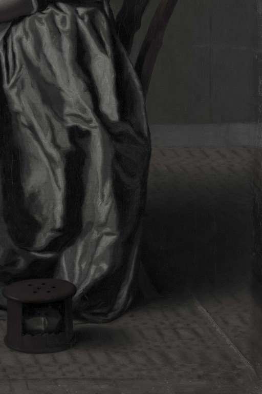 Draped Fabric and Stool in Minimalist Dark Studio