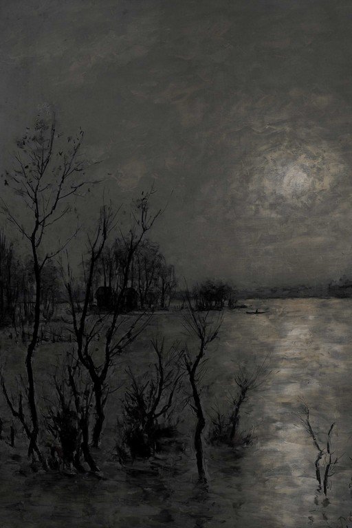 Moonlit Winter Landscape with Bare Trees and Frozen Lake