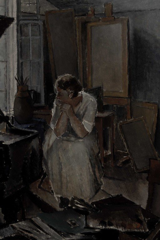 Woman Kneeling in Artist Studio, Oil Painting