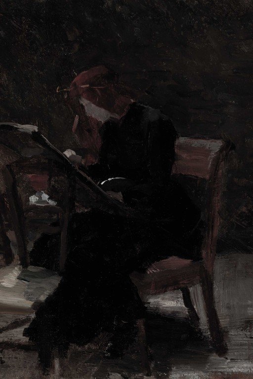 Seated Figure in Dramatic Shadow - Expressive Oil Painting