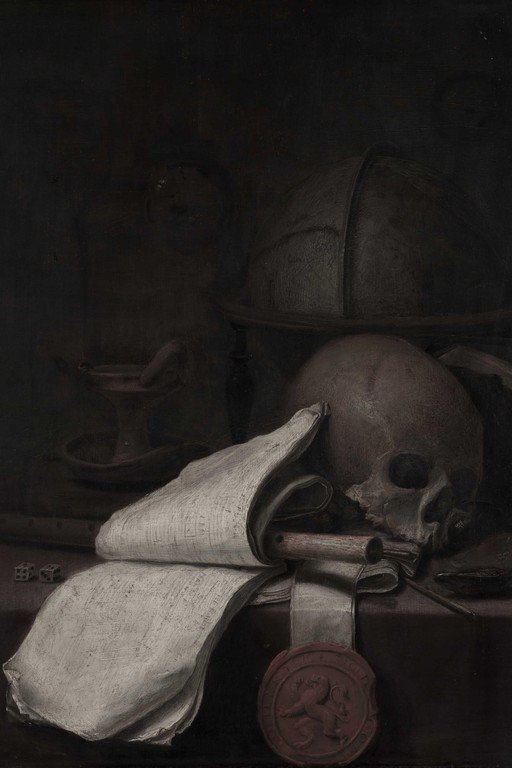 Vanitas Still Life: Skull, Scrolls, and Wax Seal