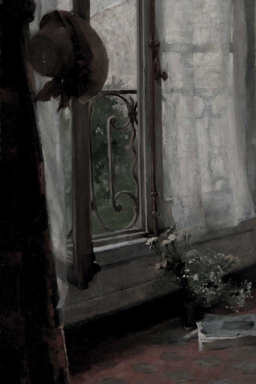 Vintage Window with Weathered Glass and Ornate Iron Frame