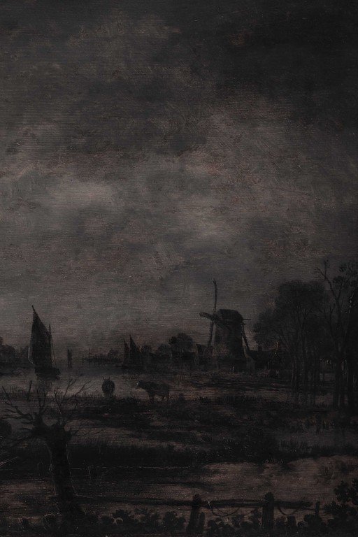 Dutch Windmill Landscape at Dusk - Dark Atmospheric Oil Painting