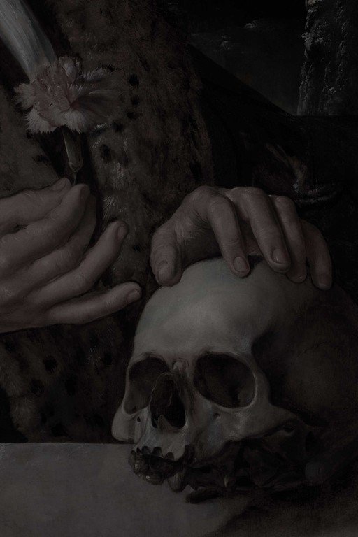 Hands Touching Skull with Delicate Flower, Dark Moody Art