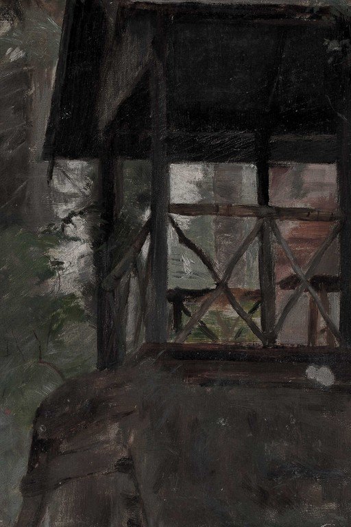Dark Interior with Boarded Window and X-Pattern Shutters