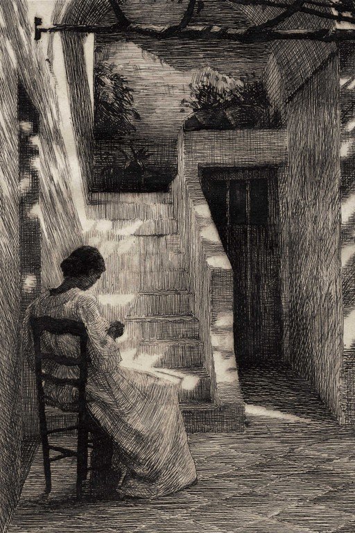 Woman Seated in Sunlit Courtyard - Etching